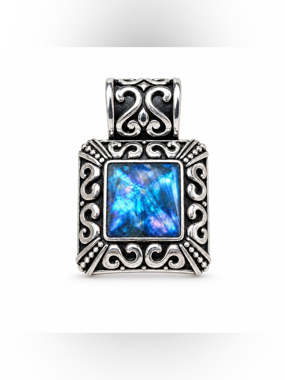 Large Blue Iridescent Statement Pendant Silver Tone Ornate Boho Southwestern